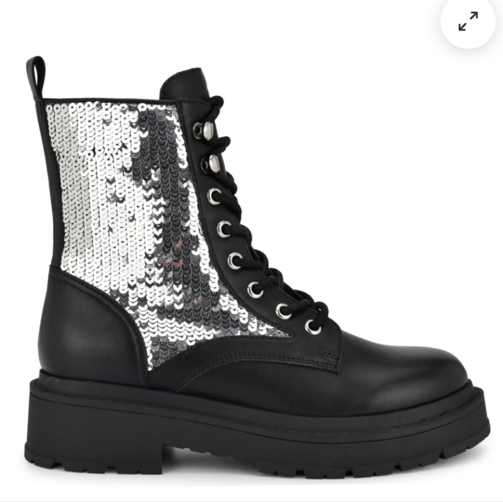 Nine West Hediy Combat Booties Black and Silver Sequin Women's Size 9